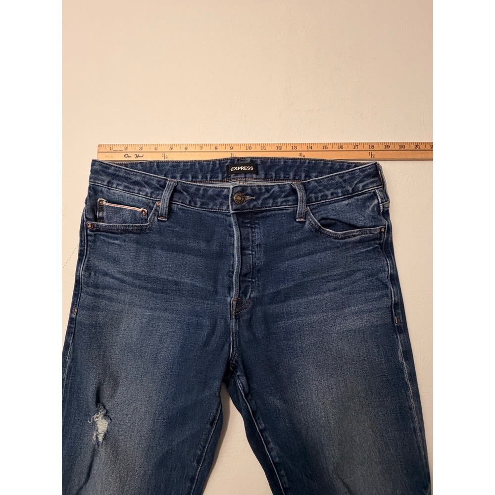 EXPRESS Slim Straight Men‎ Jeans Dark Wash Distressed Button Fly 36x32 - Picture 8 of 10